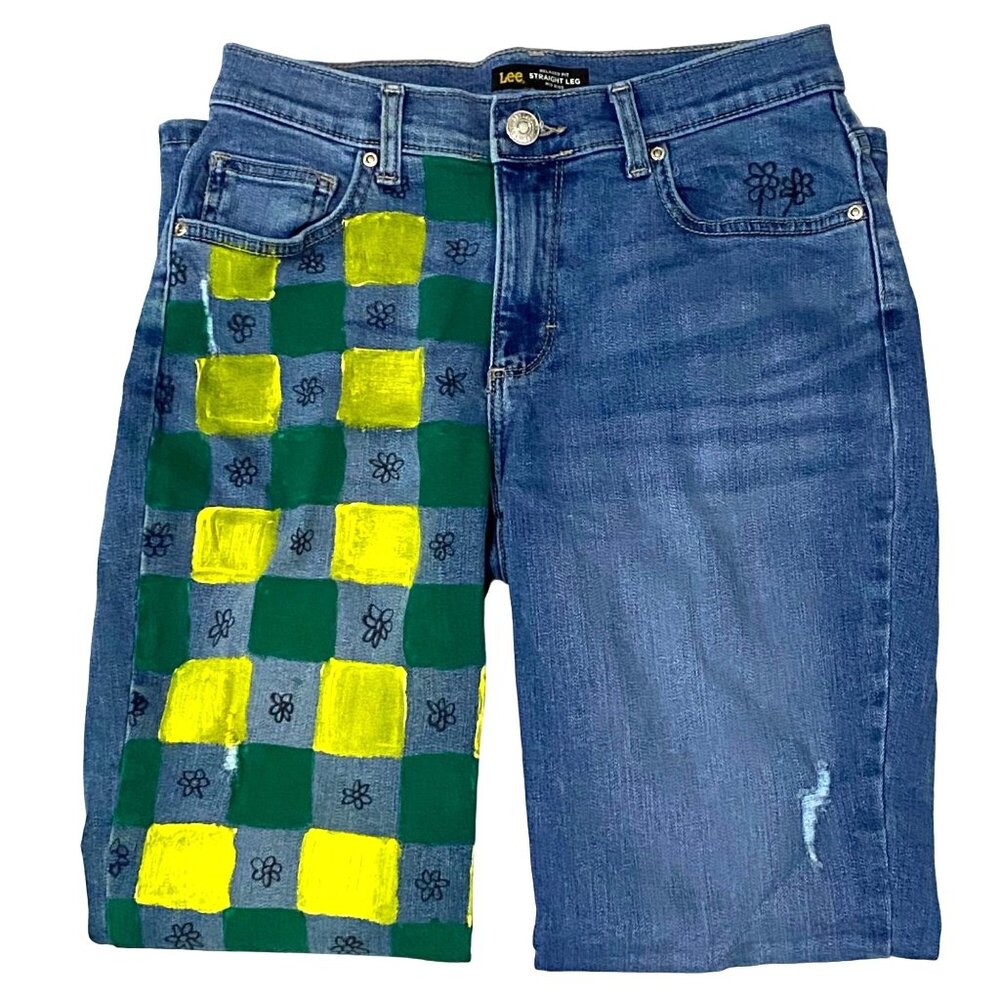 Custom Painted Distressed Womens Jeans Size 4 Short Art to Wear Floral Geometric